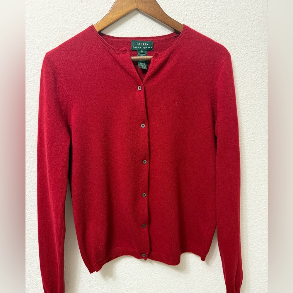 Lauren Ralph Lauren  100% Merino Wool  Red Button Front Cardigan Sweater Medium
